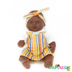 Poupée corps dur sans cheveux 30cm noir robe jaune - Papouille