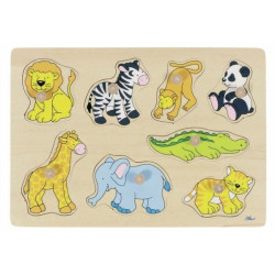 Puzzle à encastrer avec bouton en bois animaux du zoo 8 pcs  - Papouille