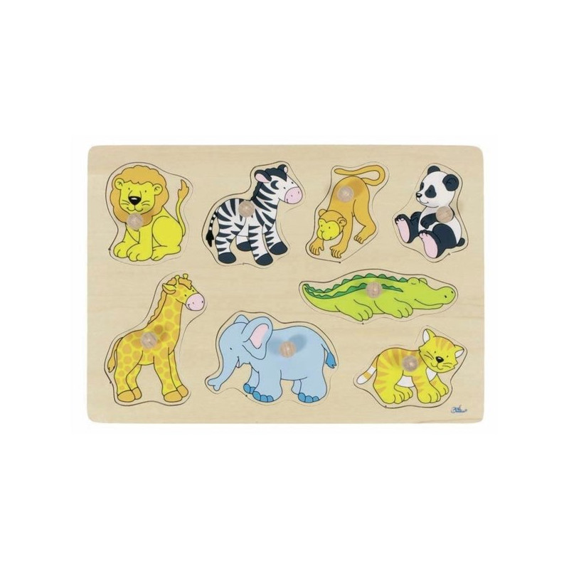 Puzzle à encastrer avec bouton en bois animaux du zoo 8 pcs  - Papouille