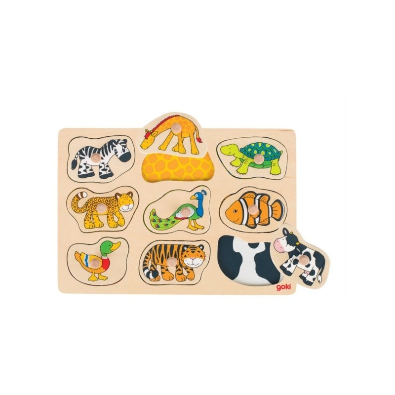 Puzzle à encastrer avec bouton en bois animaux caché 9 pcs ( - Papouille