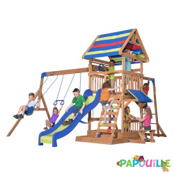 Aire de jeu en bois avec toboggan balançoire et plateforme - Papouille