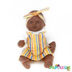 Poupée corps dur sans cheveux 30cm noir robe jaune