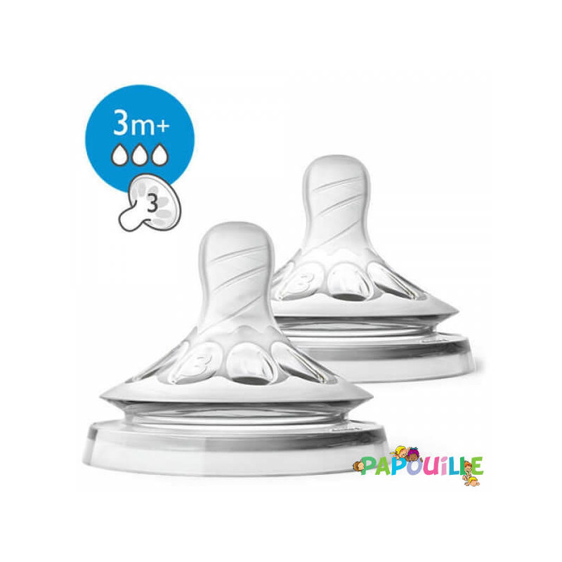 Lot de 2 tétines 3m+ 3 trous débit moyen avent natural - Papouille