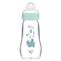 Biberon Verre MAM 260ml 0 à 6 mois Tétine Débit 2 aqua