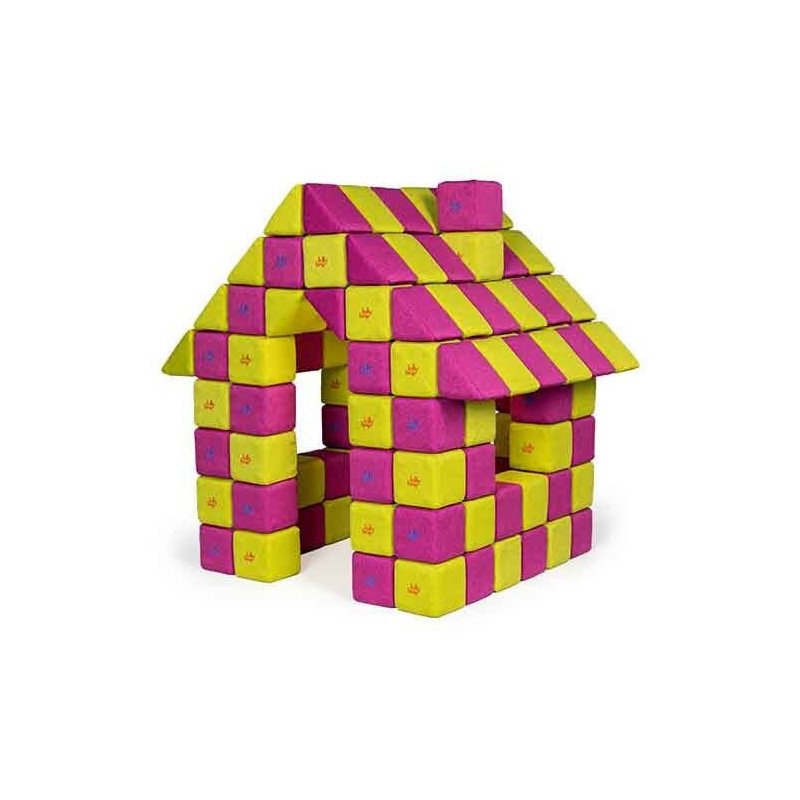 Cubes de constructions basic magnétiques de psychomotricité tissu 100 pièces fuchsia et jaune