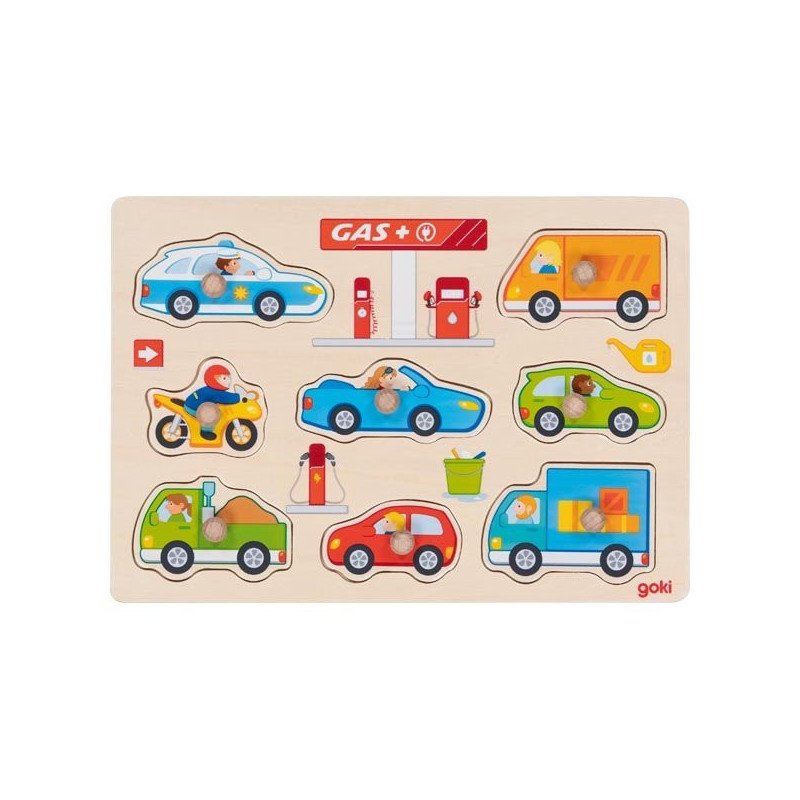 Puzzle à encastrer en bois avec bouton station de service