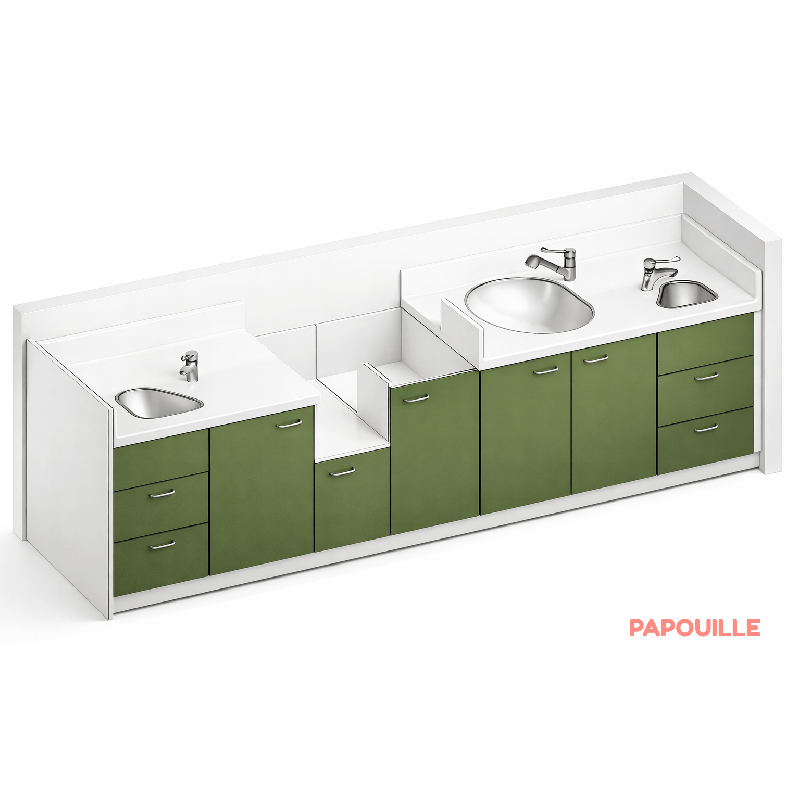 Meuble à langer 1 baignoire, 2 lavabos, 1 change debout - 330 x 850 cm