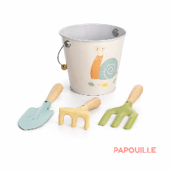 Seau avec outils de jardin, motif escargot