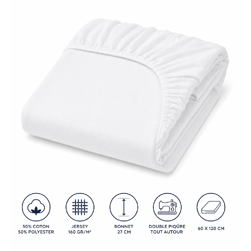 Drap housses polycoton jersey blanc 60 x 120 cm - Papouille