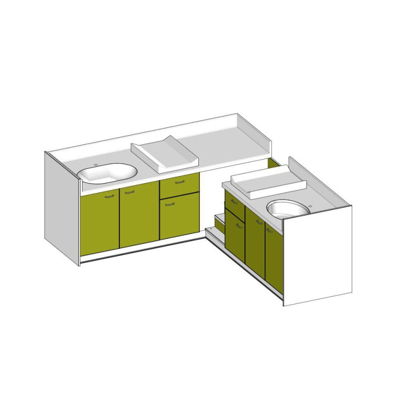 Meuble à langer d'angle sur mesure 2 cuves avec rangements - Papouille