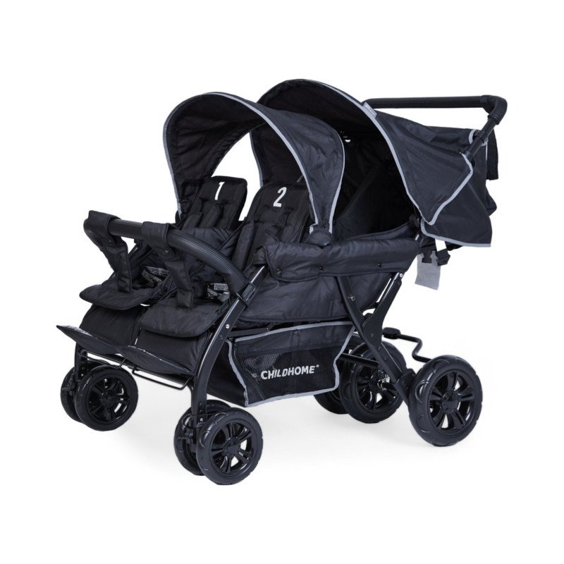 Quadruple Stroller - 4 Children - Black + Rain Cover + Sun Canopies