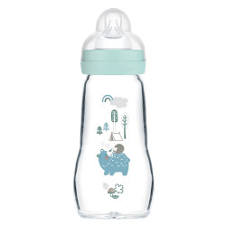 Biberon Verre MAM 260ml 0 à 6 mois Tétine Débit 2 aqua - Papouille