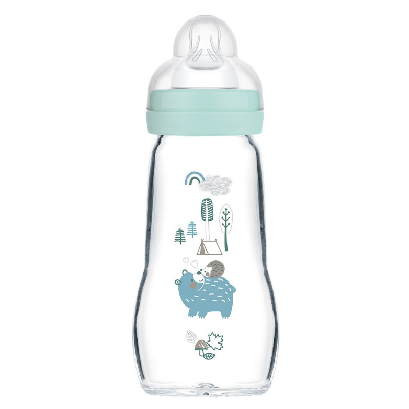 Biberon Verre MAM 260ml 0 à 6 mois Tétine Débit 2 aqua - Papouille
