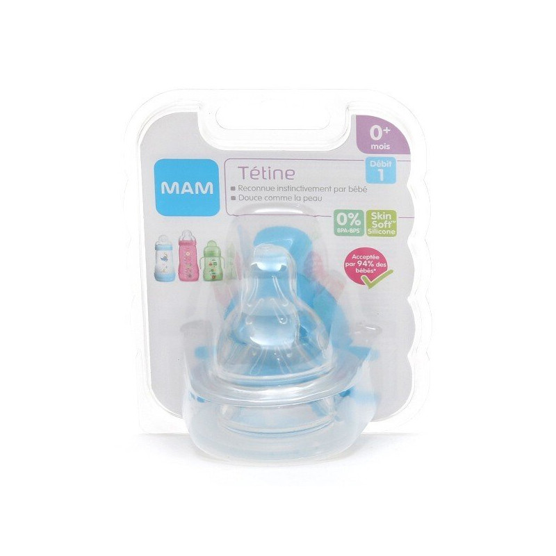 Lot de 2 Tétines anatomiques - Débit 1 - Lent - Silicone MAM - Papouille