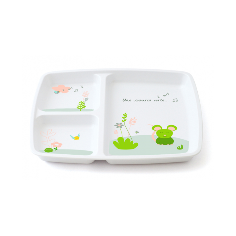 Plateau repas 3 compartiments melamine souris verte - Papouille