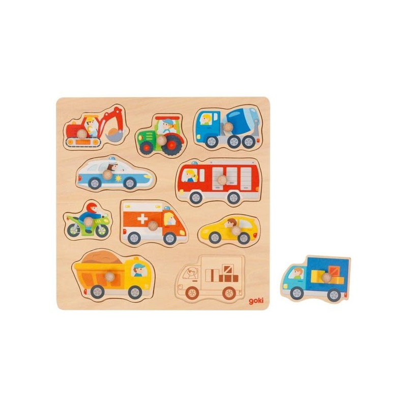 Puzzle à encastrer en bois avec bouton véhicule  - Papouille