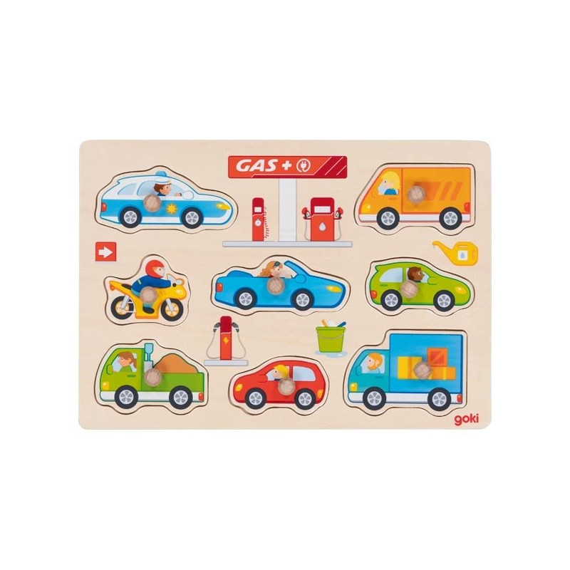 Puzzle à encastrer en bois avec bouton station de service  - Papouille